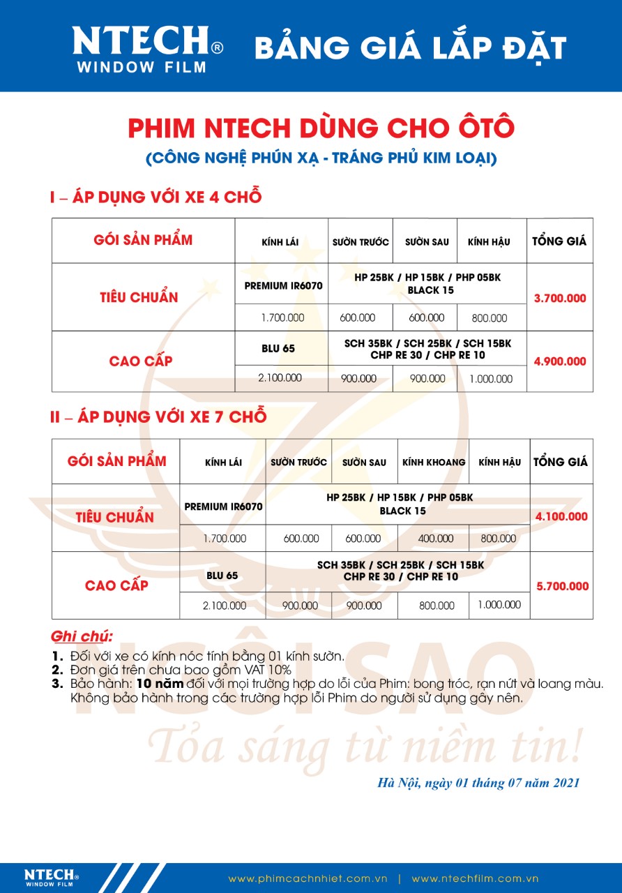PHIM CÁCH NHIỆT NTECH SEDAN TIÊU CHUẨN